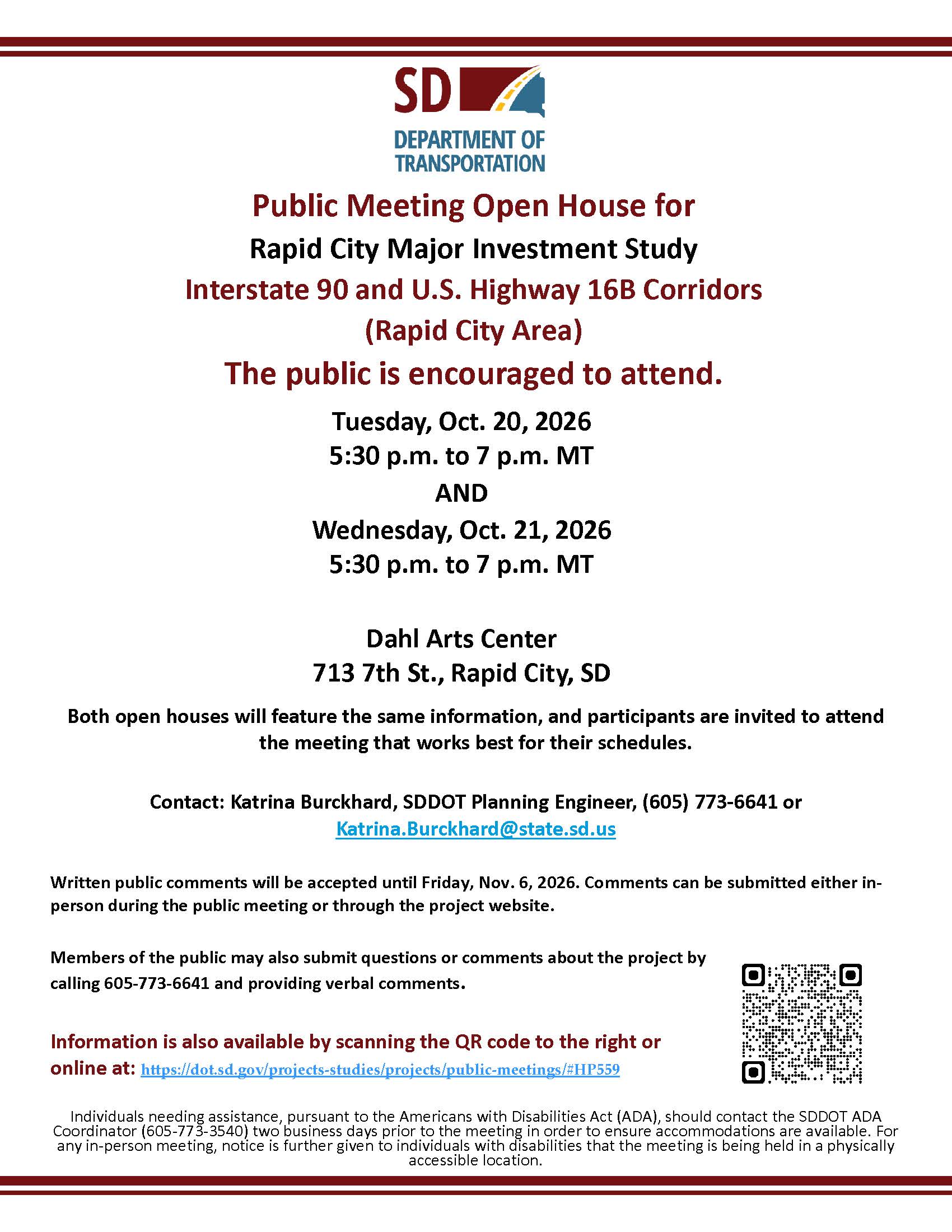 SDDOT flyer: public meeting open house for the Rapid City Major Investment Study, Interstate 90 and U.S. Highway 16B corridors, Oct. 20 and Oct. 21, 2026, 5:30 to 7 p.m. MT, Dahl Arts Center, 713 7th St., Rapid City. Details are repeated in the text of this notice.