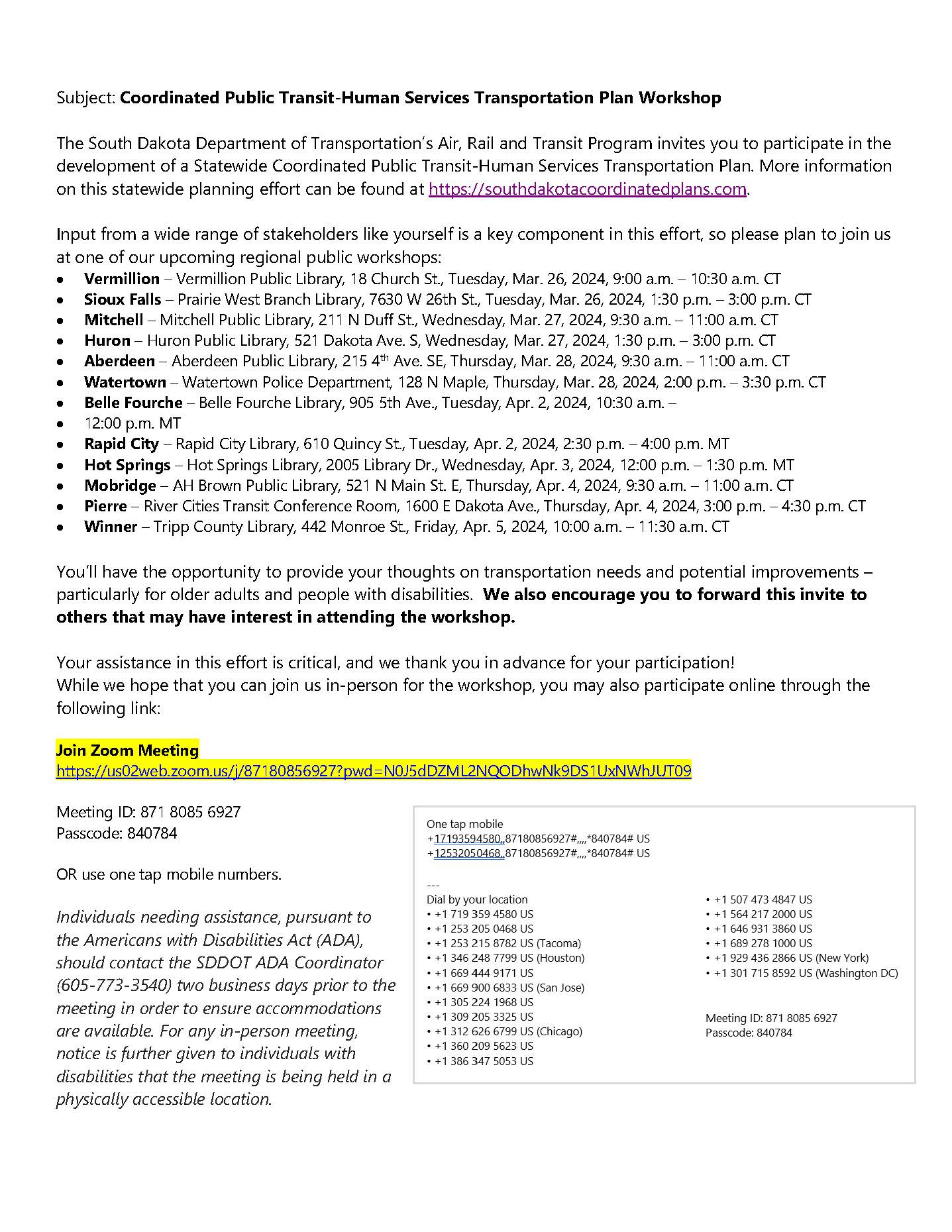 SDDOT notice of public workshops for the Coordinated Public Transit-Human Services Transportation Plan, March 2024